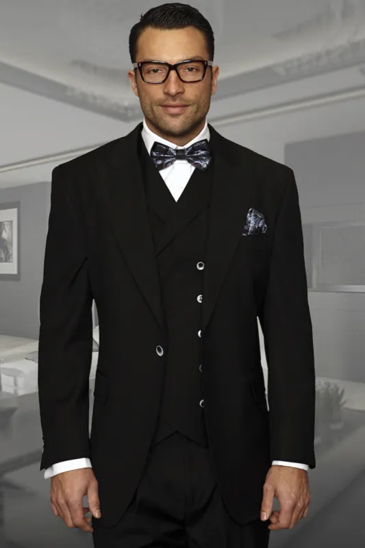 Men's Designer Vested One Button Peak Lapel Wide Leg Pant Wool Suit in Black made by Alberto Nardoni