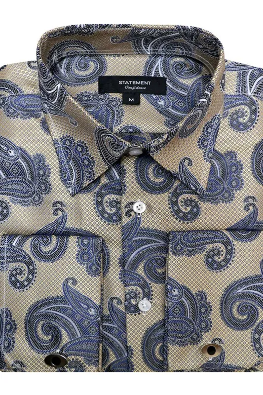Men's Fancy French Cuff Long Sleeve Dress Shirt in Tan & Blue Paisley made by Alberto Nardoni