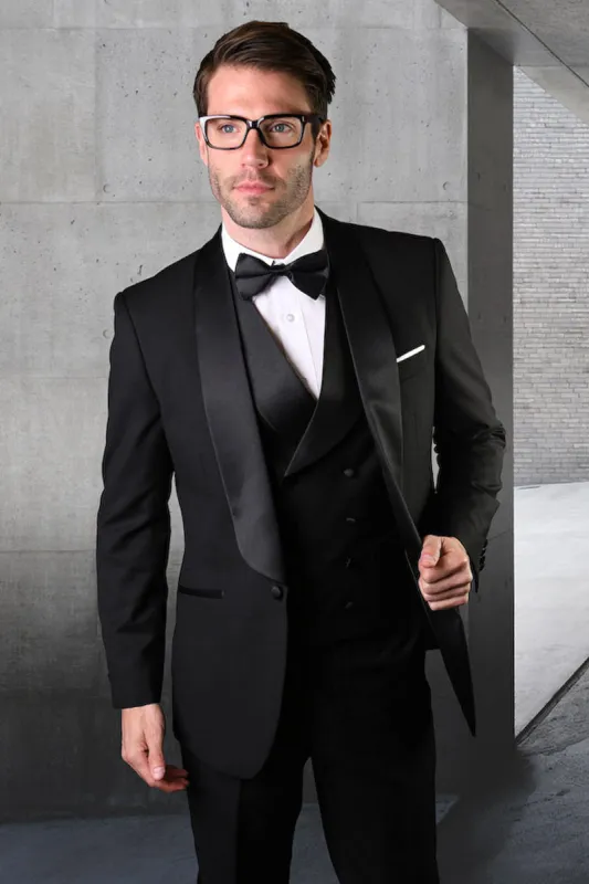 Men's Designer Wool Classic Wide Shawl Tuxedo with Double Breasted Vest in Black made by Alberto Nardoni