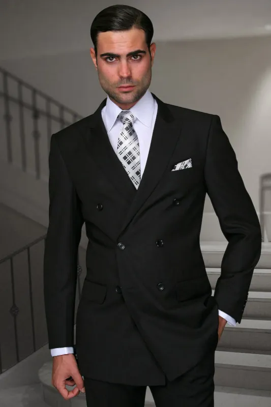 Men's Designer Double Breasted Wool Suit in Black made by Alberto Nardoni