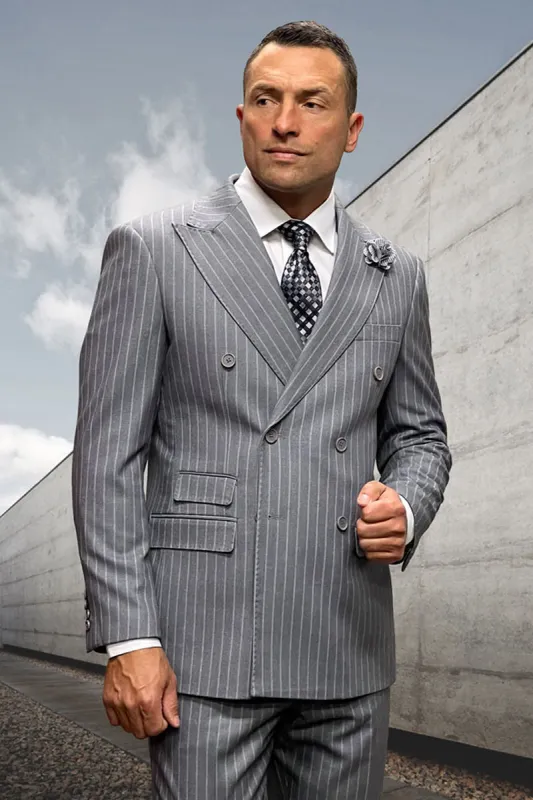Men's Designer Classic Fit Double Breasted Wool Pinstripe Suit in Grey made by Alberto Nardoni