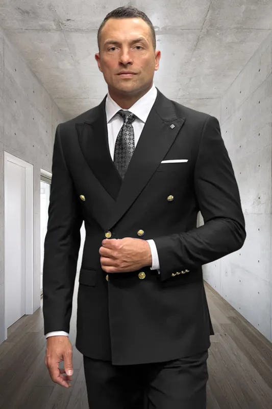 Men's Designer Modern Fit Double Breasted Wool Suit with Gold Buttons in Black made by Alberto Nardoni