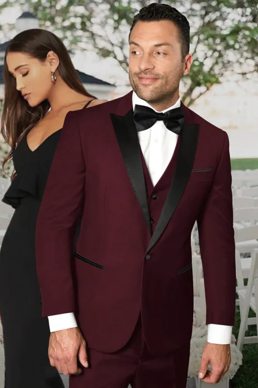 Men's Vested One Button Peak Lapel Designer Wedding Tuxedo in Burgundy made by Alberto Nardoni