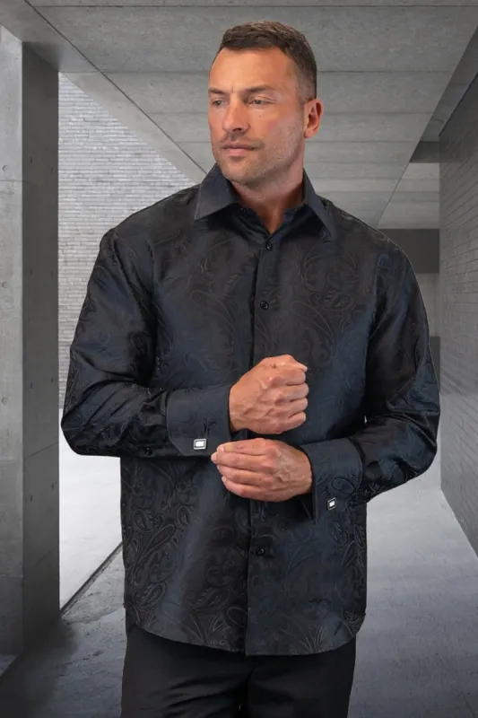 Men's Fancy Long Sleeve Woven Paisley Dress Shirt in Black made by Alberto Nardoni