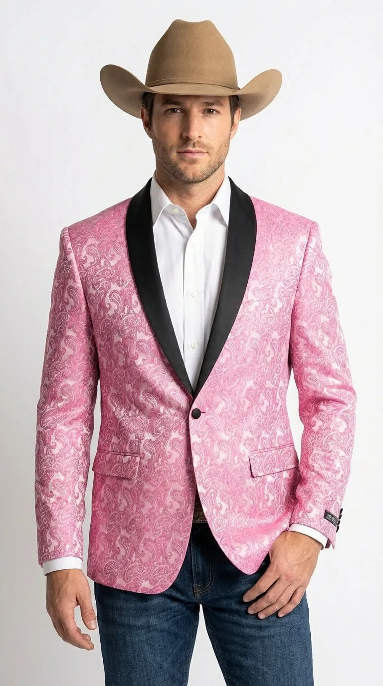 Mens Hot Pink Paisley Western Blazer Jacket – Stylish Pattern Formal Blazer with Black Shawl Lapel for Party, Wedding Cowboy Sportcoat sold by Alberto Nardoni product image thumbnail 3