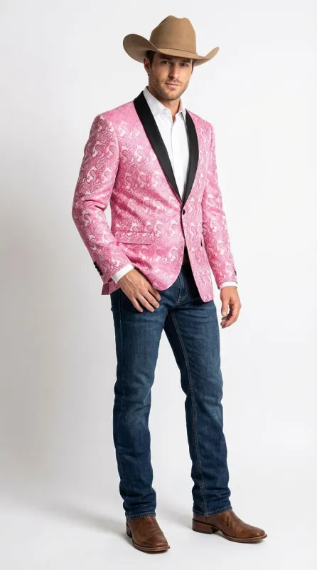 Mens Hot Pink Paisley Western Blazer Jacket – Stylish Pattern Formal Blazer with Black Shawl Lapel for Party, Wedding Cowboy Sportcoat made by Alberto Nardoni