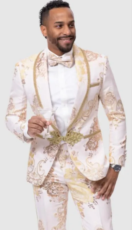 Mens Fashion with Matching Bowtie Gold Suit made by Alberto Nardoni