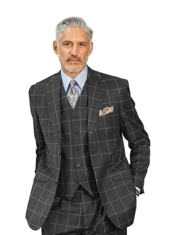 Mens Plaid Suit - Charcoal Windowpane Suit - 1920 Suits made by Alberto Nardoni