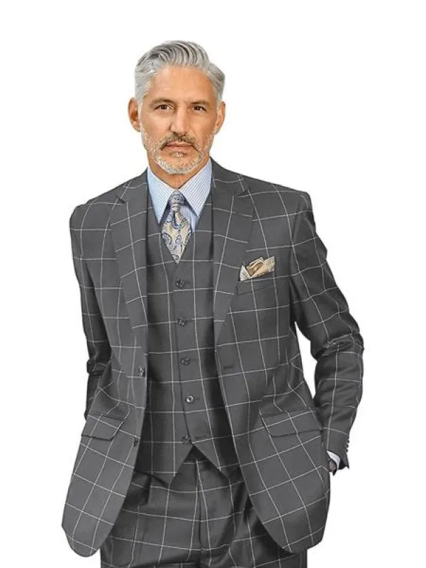 Mens Plaid Suit - Dark Grey Windowpane Suit - 1920 Suits made by Alberto Nardoni