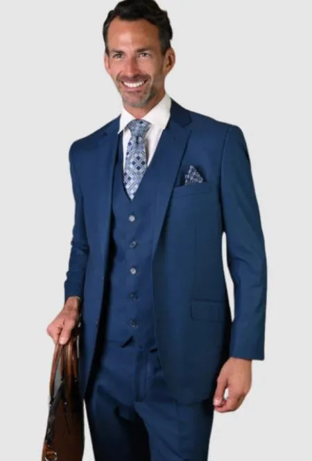 Mens 2 Button Notch Lapel 3 PC Suit With Vest French Blue sold by Alberto Nardoni