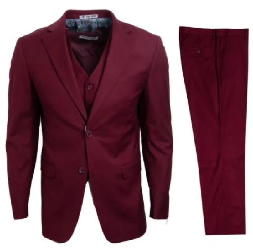 Mens Stacy Adams Suits - Designer Suit - 3 Piece Suit - Vested Suit - Flat Front Pant- Modern Fit Suits Burgundy Suit made by Alberto Nardoni