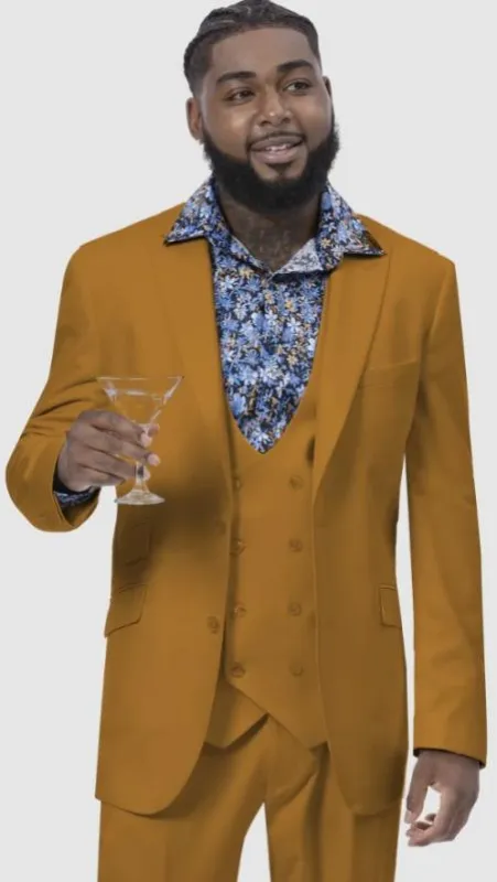 Mens Two Button Peak Lapel Suit Gold made by Alberto Nardoni