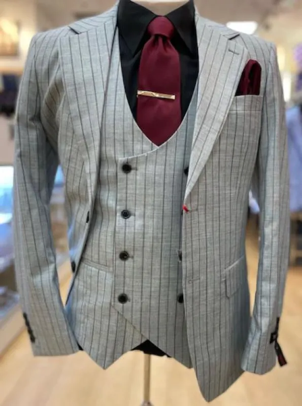 1920s Mint Grey And Black Pinstripe Suit - Vested Stripe Gangster Suit - SAM371SK-01 made by Alberto Nardoni
