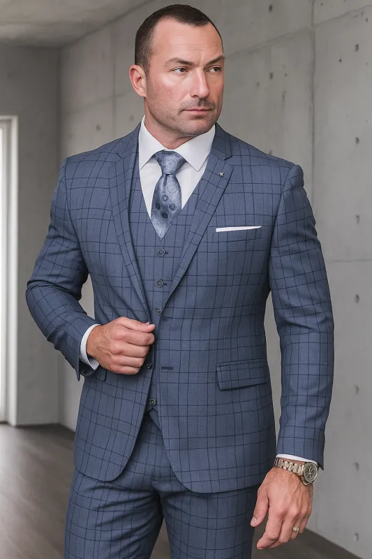 Statement Suits - Plaid Suits - Business Suits Italian Vested Suits Blue made by Alberto Nardoni