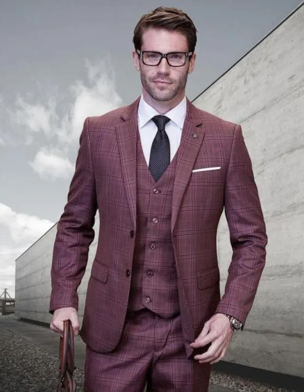 Statement Suits - Plaid Suits - Business Suits Italian Vested Suits Maroon made by Alberto Nardoni