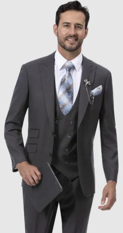 Mens Two Button Peak Lapel Suit Charcoal made by Alberto Nardoni