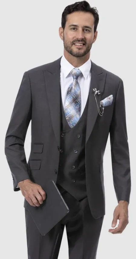 Mens Two Button Peak Lapel Suit Charcoal sold by Alberto Nardoni