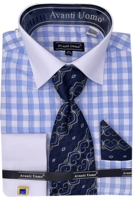 Mens Light Blue Check Dress Shirt made by Alberto Nardoni