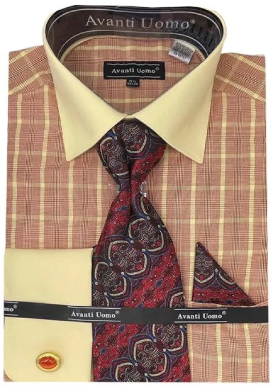 Red Tone on Tone Check Pattern Dress Shirt Set with Cuff made by Alberto Nardoni