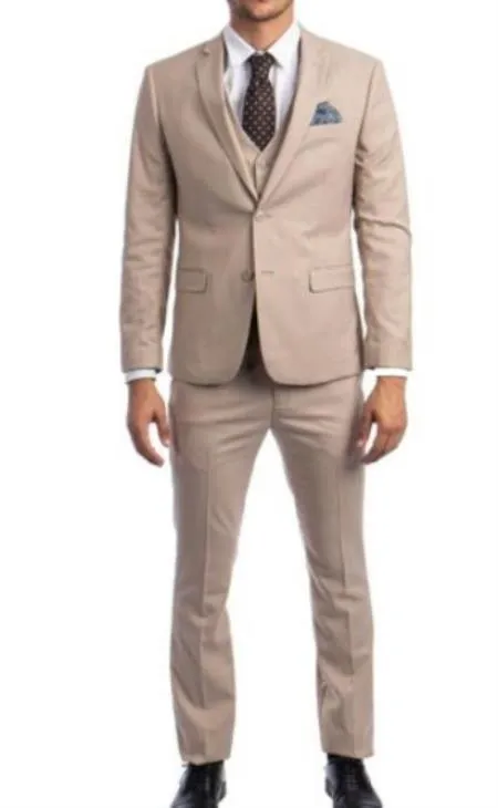 Mens Tan Beige 3 Piece 2 Button Ultra Slim Fit Suit sold by Alberto Nardoni
