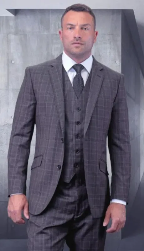 Mens Plaid Suits - Grey Windowpane Three Piece Suits made by Alberto Nardoni