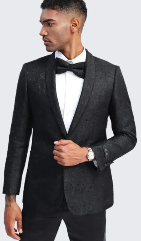 Black Floral Tuxedo Suit - Black Patterned Tuxedo Jacket made by Alberto Nardoni