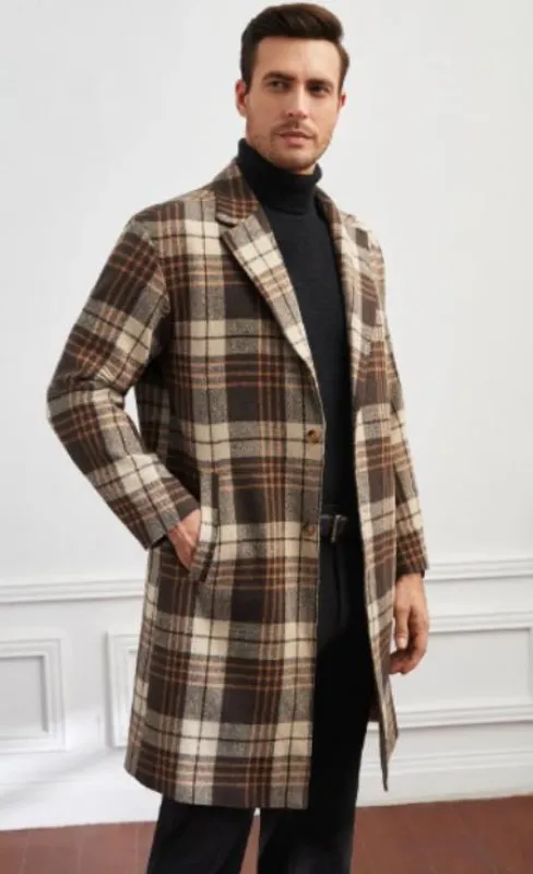 Men Plaid Lapel Neck Slant Pockets Overcoat made by Alberto Nardoni