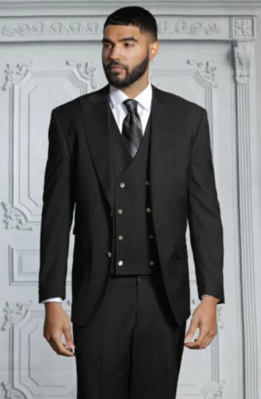 Mens Suits With Double Breasted Vest - Black Peak Lapel Suits - Ticket Pocket - With Gold Buttons - Slim Fitted made by Alberto Nardoni
