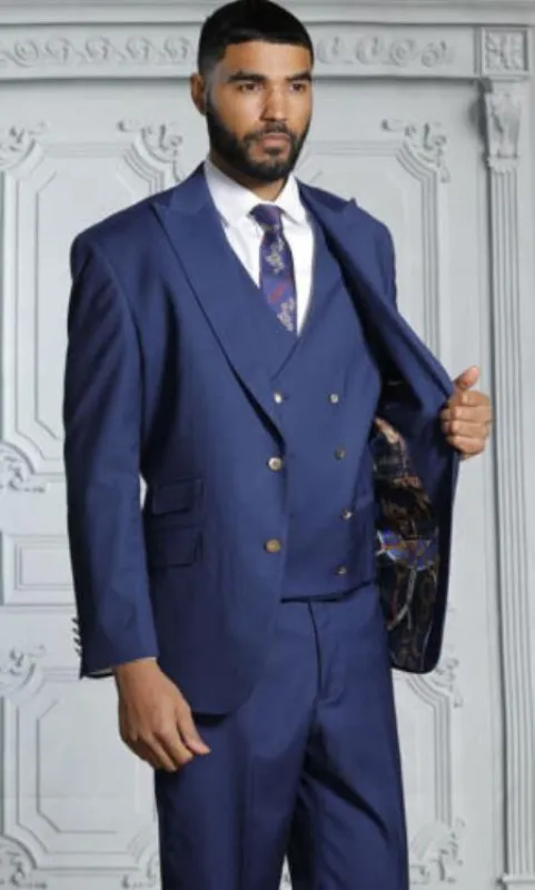 Mens Suits With Double Breasted Vest - Sapphire Peak Lapel Suits - Ticket Pocket - With Gold Buttons - Slim Fitted made by Alberto Nardoni