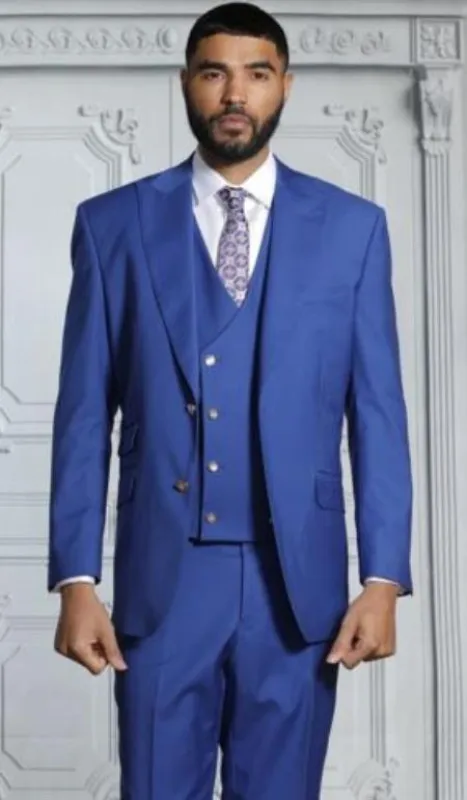 Mens Suits With Double Breasted Vest - Blue Peak Lapel Suits - Ticket Pocket - With Gold Buttons - Slim Fitted made by Alberto Nardoni