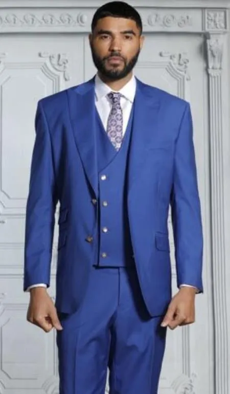 Mens Suits With Double Breasted Vest - Blue Peak Lapel Suits - Ticket Pocket - With Gold Buttons - Slim Fitted sold by Alberto Nardoni