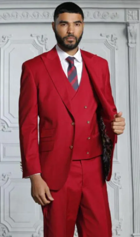Mens Suits With Double Breasted Vest - Ruby Red Peak Lapel Suits - Ticket Pocket - With Gold Buttons - Slim Fitted made by Alberto Nardoni