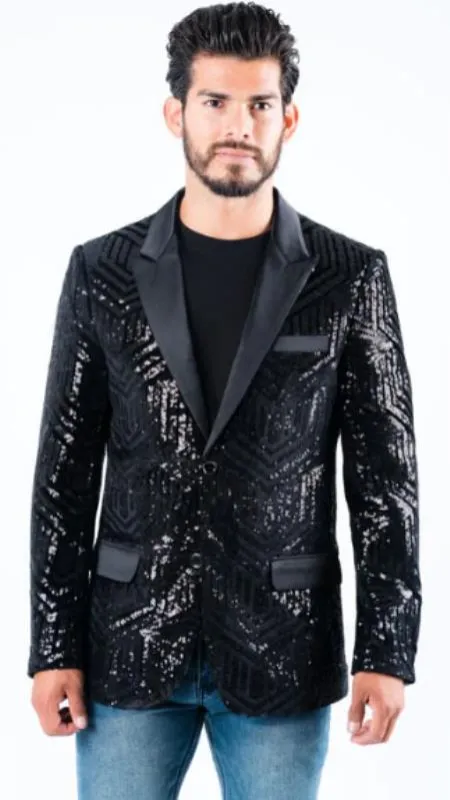 Mens Sequin Blazer - Shiny Stage Flashy Sport Coat - Slim Fit Black made by Alberto Nardoni
