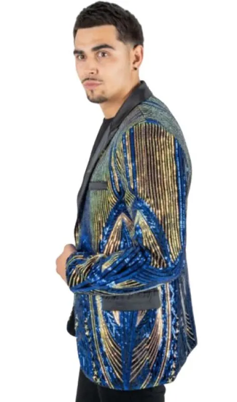 Mens Sequin Blazer - Shiny Stage Flashy Sport Coat - Slim Fit Blue ~ Gold made by Alberto Nardoni