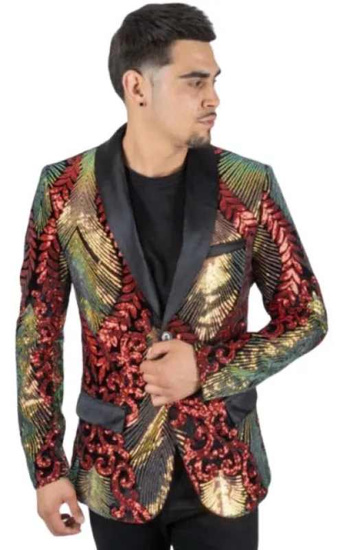 Mens Sequin Blazer - Shiny Stage Flashy Sport Coat - Slim Fit Red ~ Gold made by Alberto Nardoni