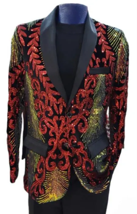 Mens Two Toned Sequin Blazer - Red Prom 2026 Shiny Tuxedo Slim Fit sold by Alberto Nardoni