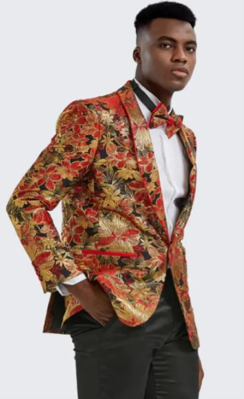 Red ~ Gold Floral Tuxedo Jacket Slim Fit made by Alberto Nardoni