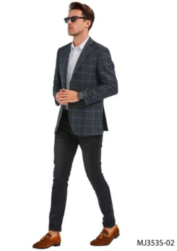 Charcoal Grey With Blue Windowpane Sport Coat - Gray Plaid Blazer made by Alberto Nardoni