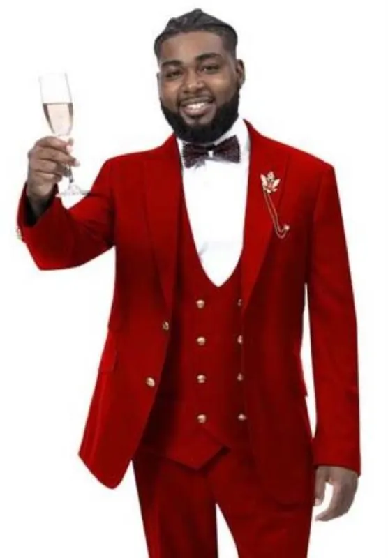 Mens Suit with Gold Buttons Red Three Piece Double Breasted Vest made by Alberto Nardoni