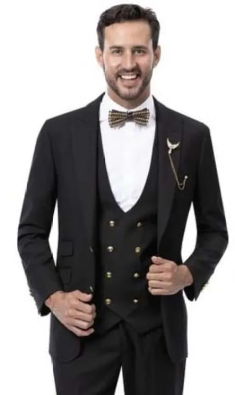 Mens Suit with Gold Buttons Black Three Pieces Double Breasted Vest Black made by Alberto Nardoni