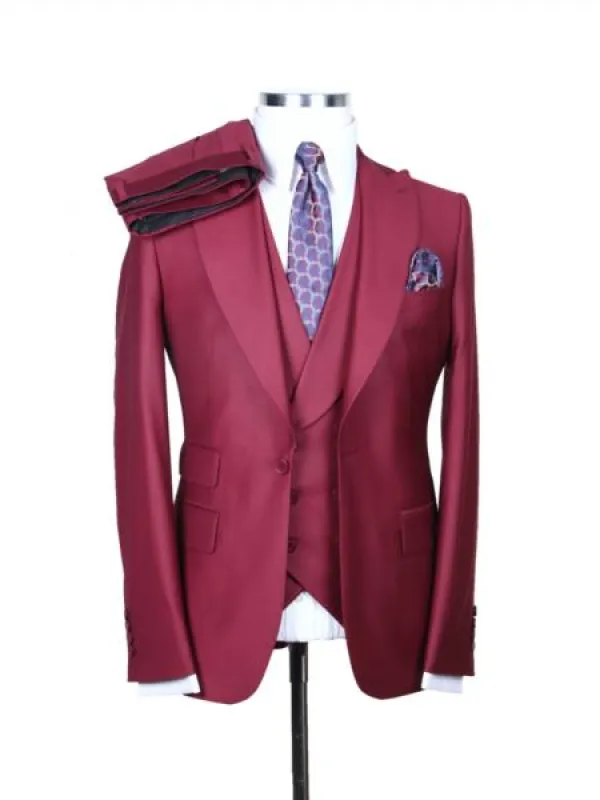 Big Lapel - Wide Lapel - Tom Ford Style Suit - Ticket Pocket - Burgundy made by Alberto Nardoni