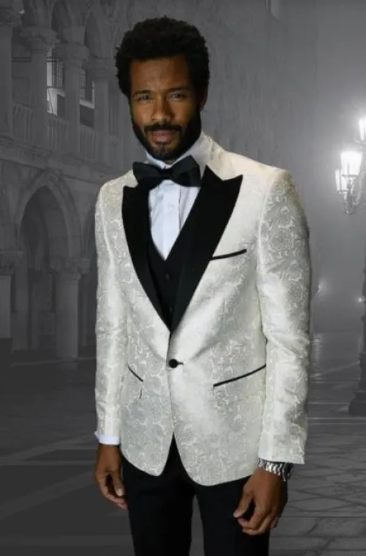 Cream Suit - Ivory Tuxedo - Off White Paisley Suit - Floral Tuxedo - Wedding Tuxedo made by Alberto Nardoni