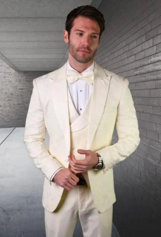 SKU#JA61573 Cream Suit - Ivory Tuxedo - Off White Paisley Suit - Floral Tuxedo - Wedding Tuxedo made by Alberto Nardoni