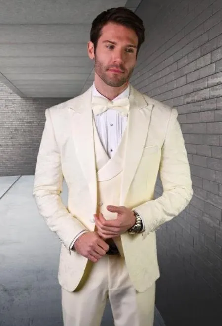 SKU#JA61573 Cream Suit - Ivory Tuxedo - Off White Paisley Suit - Floral Tuxedo - Wedding Tuxedo sold by Alberto Nardoni