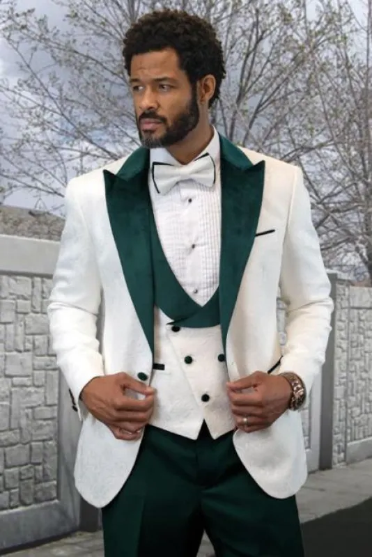 White and Hunter Green Tuxedo Vested Suit - Wedding Tuxedo made by Alberto Nardoni