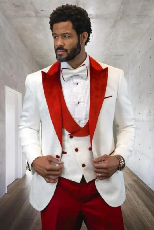 White and Red Tuxedo Vested Suit - Wedding Tuxedo made by Alberto Nardoni