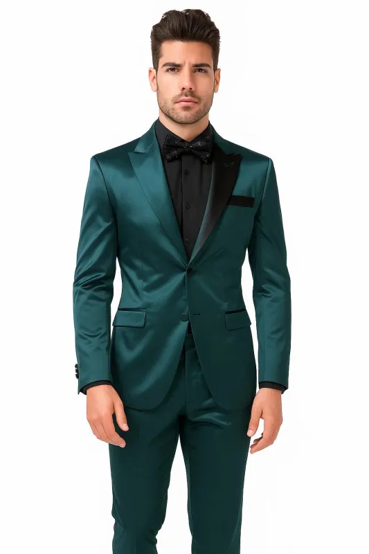 Mens Shiny Blazer - Teal Blue Sateen Vested Suit made by Alberto Nardoni