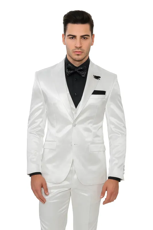 Mens Shiny Blazer - White Sateen Vested Suit made by Alberto Nardoni