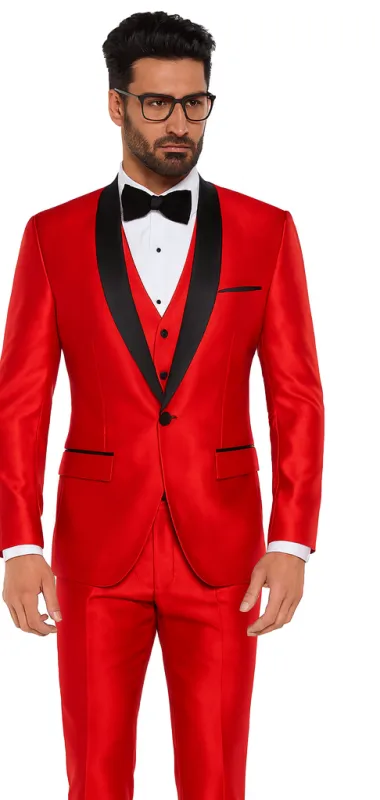 Shiny Red Tuxedo Shawl Collar Jacket & Pants Suit Prom 2026 Or Wedding Or Groom Tuxedo made by Alberto Nardoni
