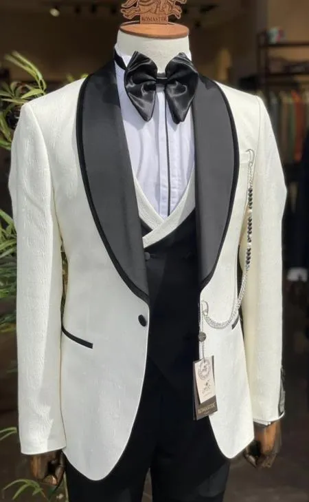 Mens Ivory With Black Lapel Tuxedo With Vest and Pants sold by Alberto Nardoni